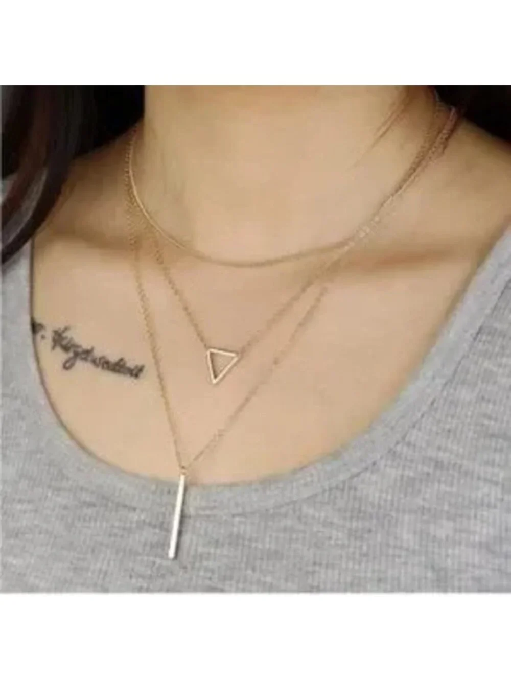 Gold 14k Gold Plated 3pc Bar Triangle Necklace Set